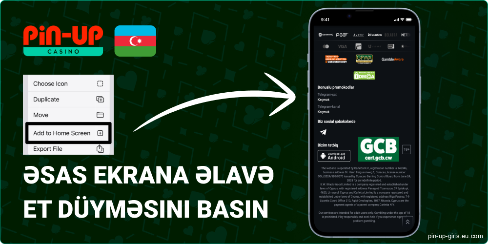 Açılan menyuda seçimləri nəzərdən keçirin və "Əsas ekrana əlavə et" seçin